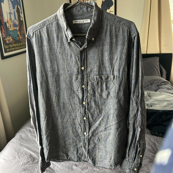 Brooklyn Tailors Slim Linen Shirt Gray with Blue Cross Stripes Men's Size 04 M - Picture 1 of 7